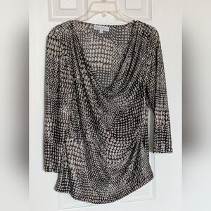 Elegant Women's (Size Large) Black & Tan Cowl Neck Rouched Shimmering Blouse/Top